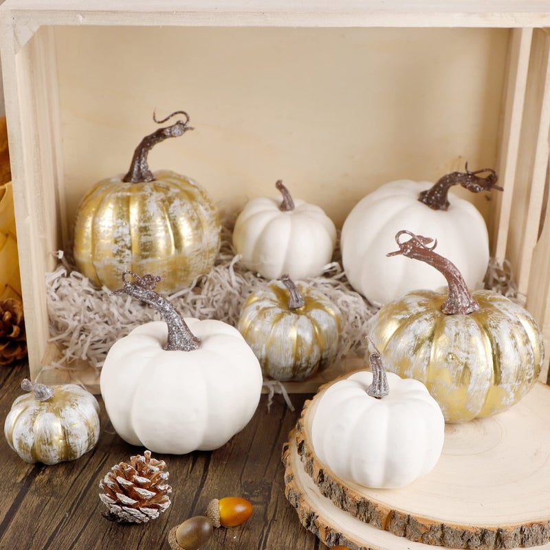 winemana 16 Pcs Golden and White Pumpkins Thanksgiving Pumpkin Decorations Assorted Sizes  Artificial Foam Harvest Autumn Decor  Fake Pumpkins Fall Decorations for Indoor Home Kitchen Table Mantle - Image 4